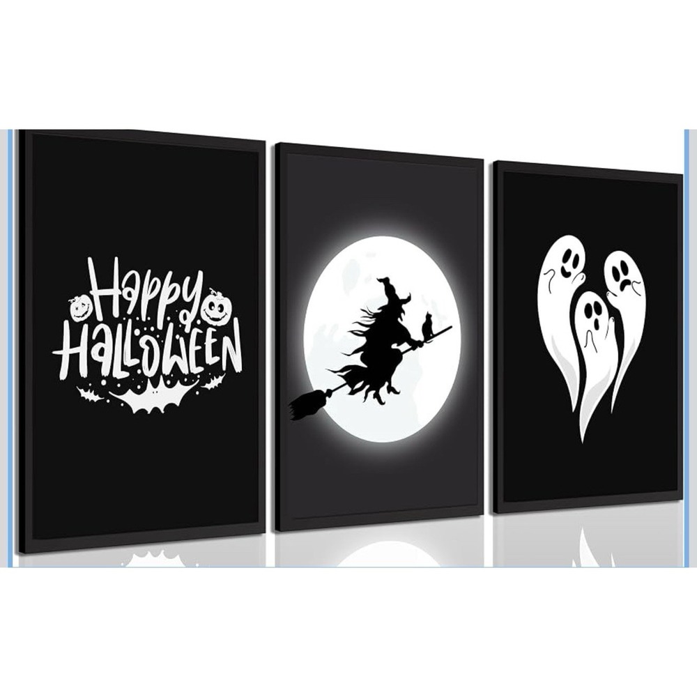 Halloween Wall Art Set 3 Unframed Canvas Prints Witch Ghost Black White 8x10